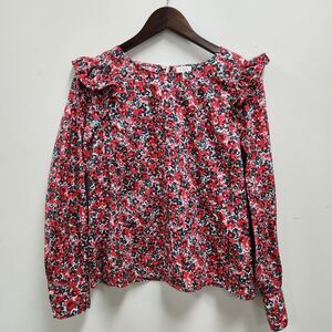 J Crew Womens Poplin Ruffle Top Size M Long Sleeve Red Multicolor Poppies Button